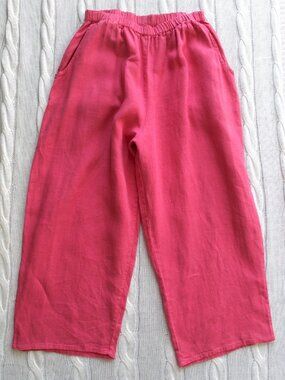 FLAX 100% Linen Rose Pink  Wide Leg Flood  Pants, Size M Medium Artsy Lagenlook